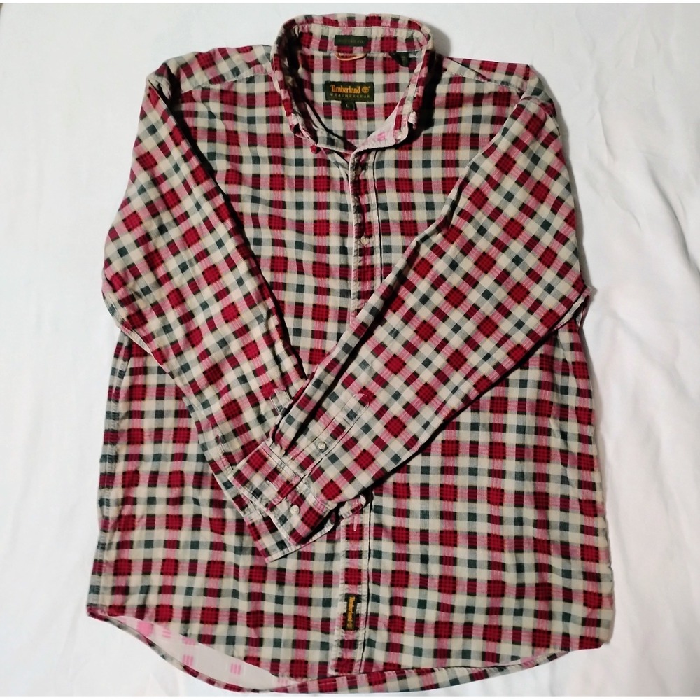 Vintage Timberland Weathergear Mens L Corduroy Plaid Button Shirt Red Green